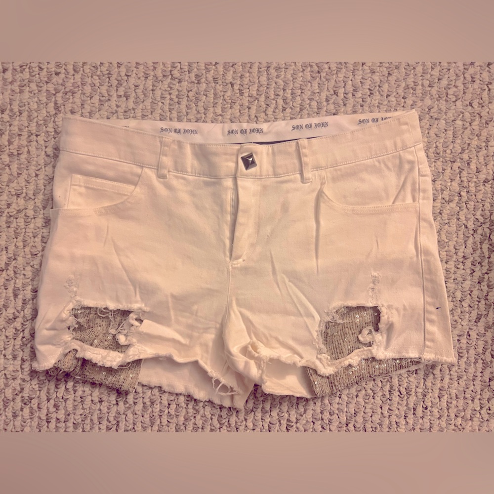 “Destroyed” Son of John White Shorts with Exposed Gold Sequin Pocket Lining!
